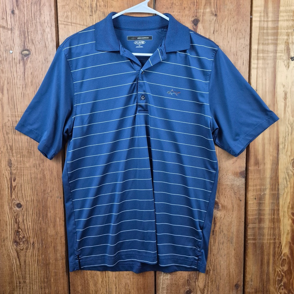 Greg Norman Play Dry Mens Blue Striped Golf Polo Shirt Small Shark Logo